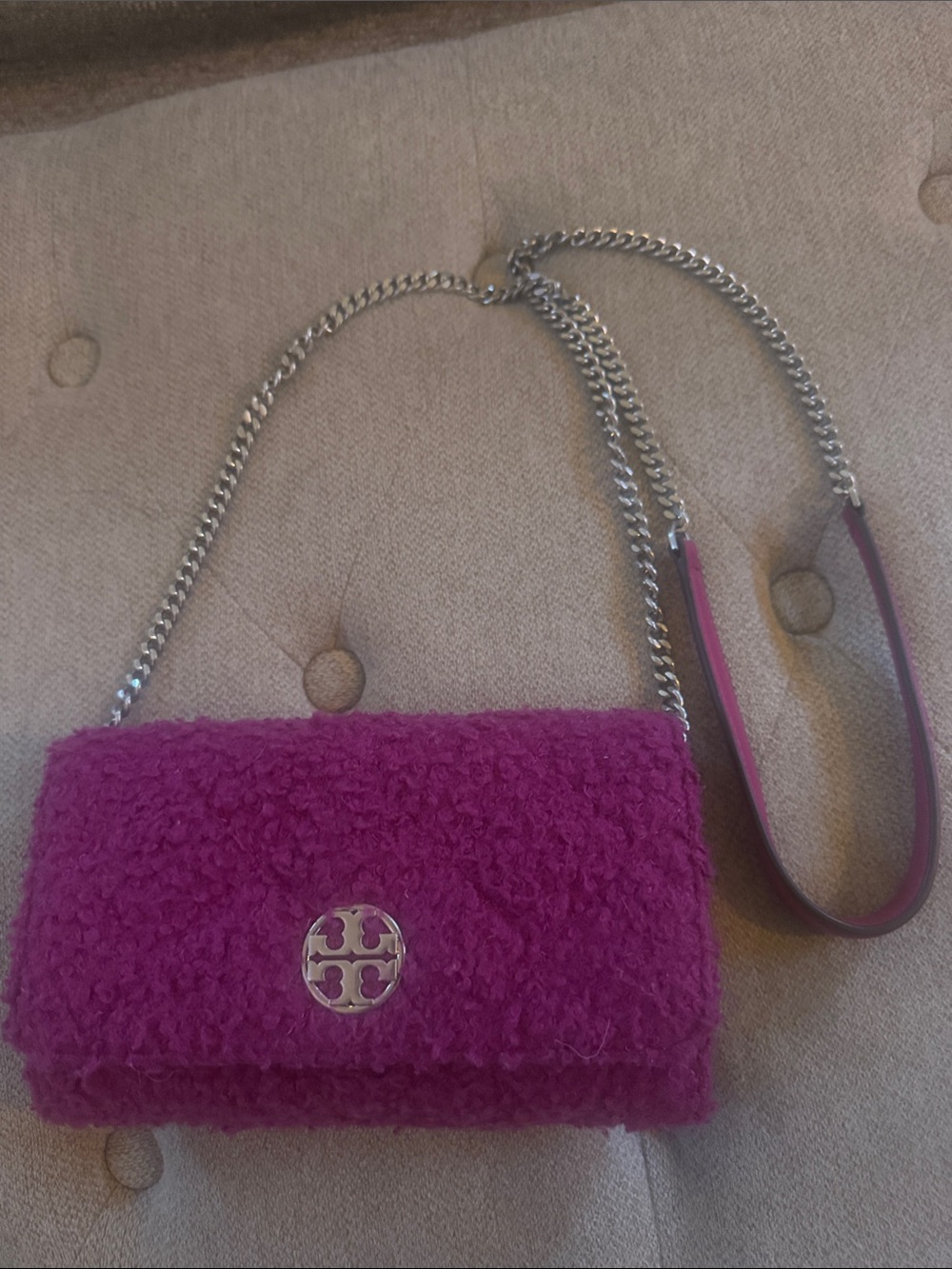 Tory Burch Willa Magenta Shearling Chain Crossbody Bag